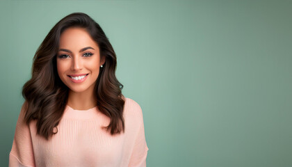 Fototapeta premium Happy Brunette Latina Woman Smiling. Photo Studio. Bold Colors Background.
