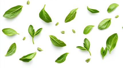 Naklejka premium Fresh Basil Leaves Floating Isolated on White Background Generative AI