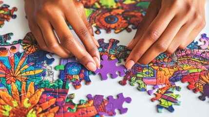 A person assembling a colorful jigsaw puzzle on a table.