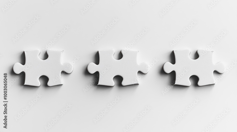 Poster three white puzzle pieces on a smooth surface, symbolizing connection and problem-solving.