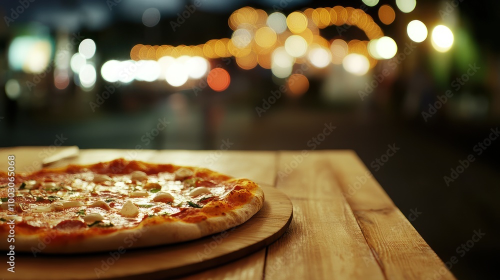 Poster A delicious pizza on a wooden table, illuminated by soft evening lights.