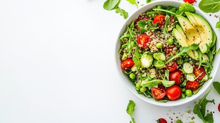 Vibrant Quinoa Salad Bowl: A colorful and refreshing quinoa salad bowl, brimming with fresh ingredients like avocado, cherry tomatoes, peas, and arugula.