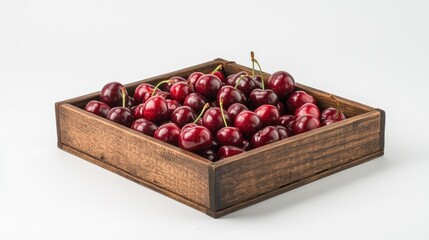 A wooden box filled with fresh, ripe cherries on a white background.