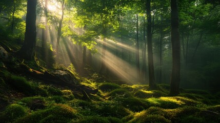 Obraz premium Morning light filters through tall trees, casting mesmerizing rays over vibrant green moss. The tranquil atmosphere invites exploration in this enchanting forest setting