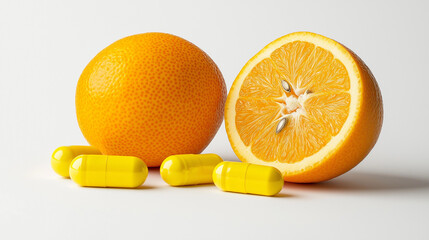 Fototapeta premium Fresh oranges and vitamin C capsules, Immune system boost, Immune-boosting foods, Fresh fruits and vitamins, Vitamin C