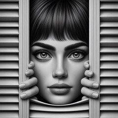 Portrait of a beautiful woman behind the window and shutter.