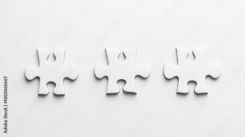 Poster three white puzzle pieces on a plain background, symbolizing connection and problem-solving.