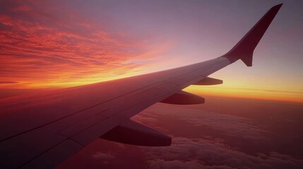 Fototapeta premium A scenic view of an airplane wing against a vibrant sunset sky.
