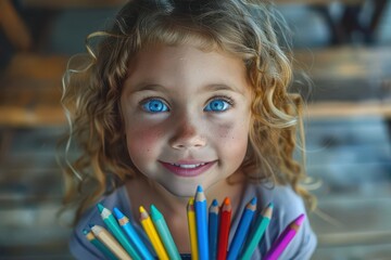 Child with a box of crayons, coloring in a picture book