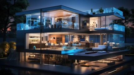 Obraz premium Modern Glass House Architecture at Night