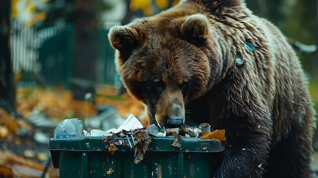 A bear explores a trash can, searching for food in a forested area surrounded by colorful autumn leaves. The animal digs through the refuse with curiosity.