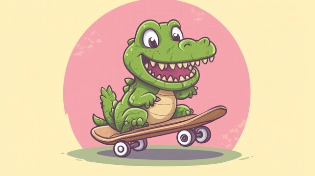 A cartoon crocodile smiling and riding a skateboard.