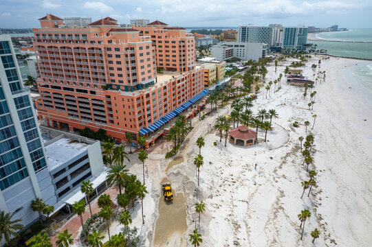 After Hurricane Helene. Clearwater Beach Florida. Beach totally destroyed. Hurricane season. Summer vacations in Florida. Beautiful View on Hotels and Resorts on Island. Coast or shore Gulf of Mexico