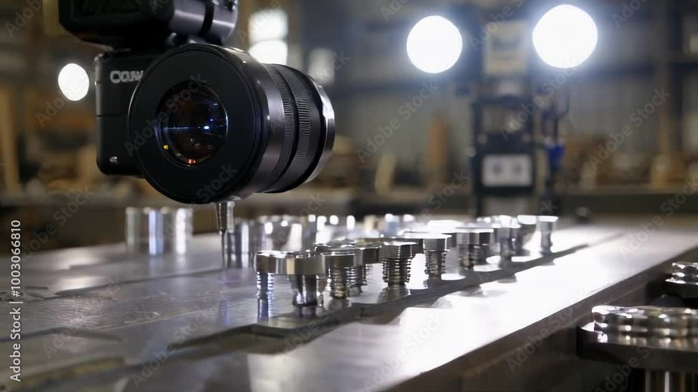 Poster closeup shot of microscope camera inspecting a metal part on a table.. ai generation