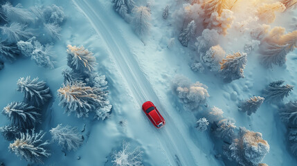 Car driving through snowy road in winter forest.
