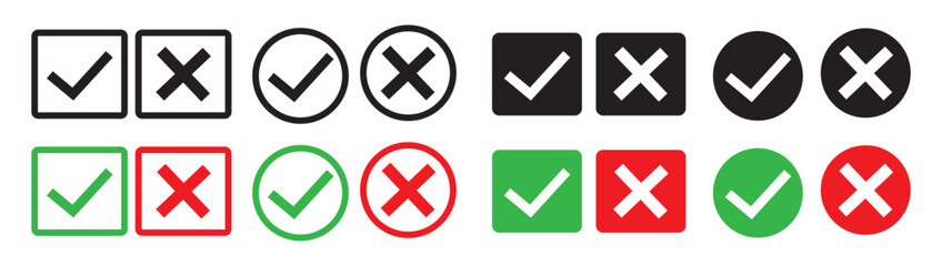 Check and cross icons set vector. Isolated on transparent background.