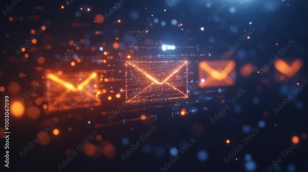 Aufkleber abstract digital representation of email communication with glowing icons and particles.
