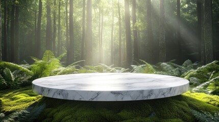 A serene forest scene featuring a circular marble platform surrounded by lush greenery.