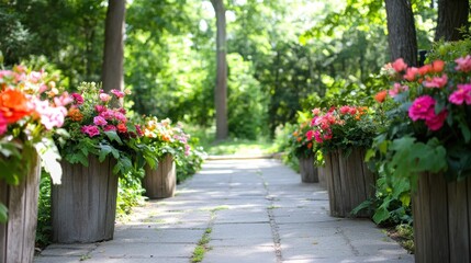 A serene pathway lined with colorful flower pots, inviting a peaceful stroll through nature.