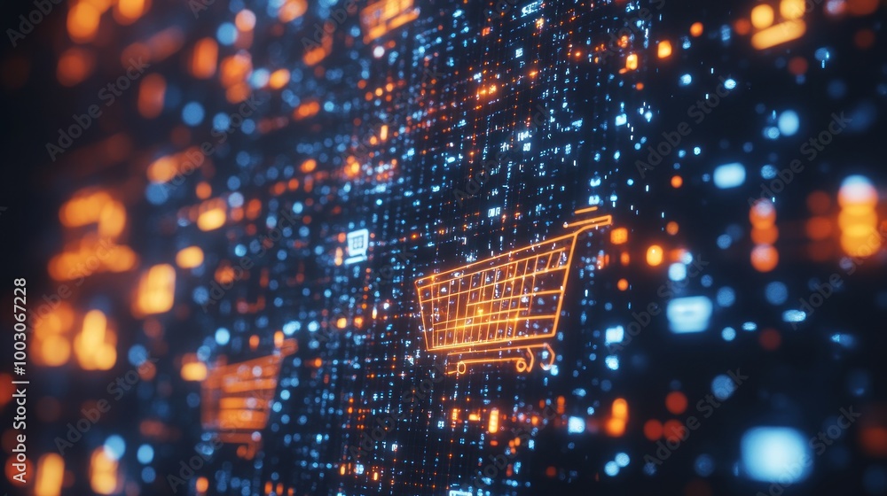 Poster digital representation of online shopping with shopping cart icons and data streams.