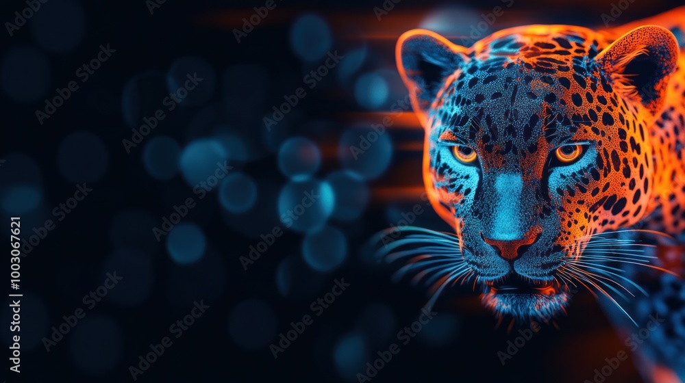 Poster a stylized depiction of a leopard with vibrant colors and a dynamic background.