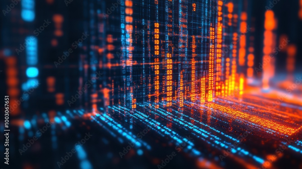 Poster abstract digital visualization with blue and orange data streams.