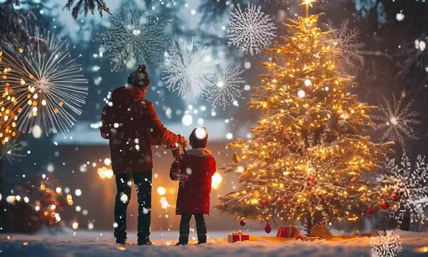Family decorating a Christmas tree outside, with snow gently falling and warm lights adding a festive glow. . Video