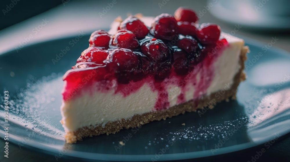 Canvas Prints A slice of cheesecake topped with red berries and glaze on a dark plate.