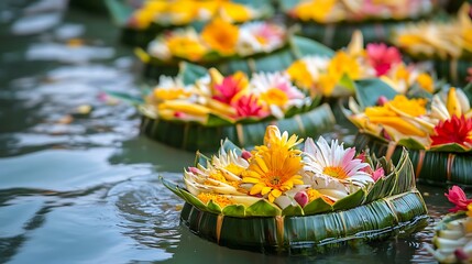 A close-up of intricately decorated krathongs made from banana leaves and flowers, ready to be released into the water