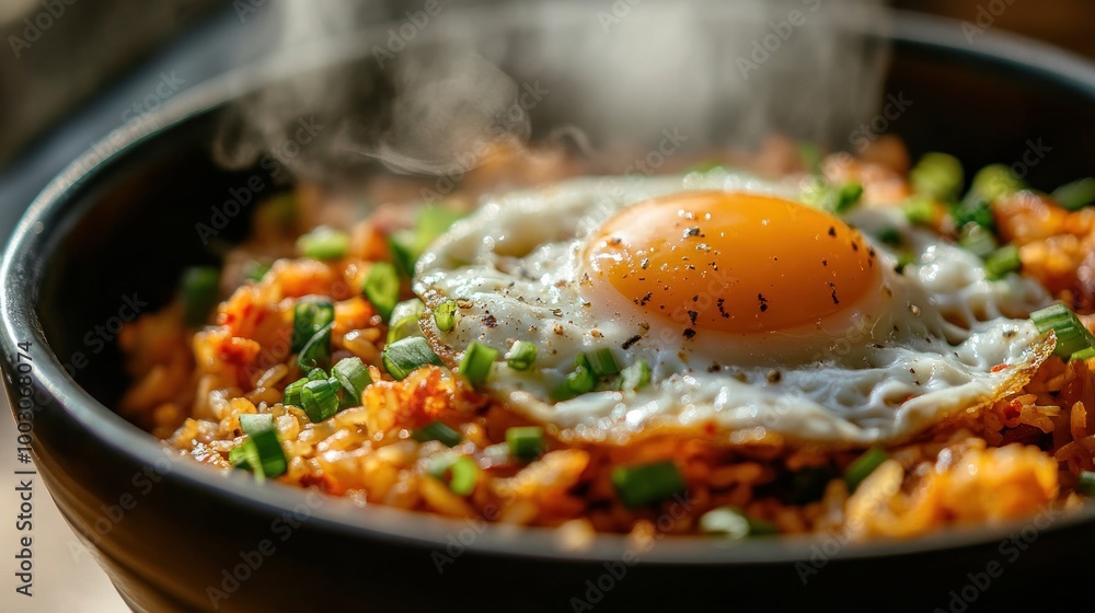 Sticker A steaming bowl of fried rice topped with a sunny-side-up egg and green onions.