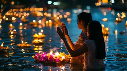 A couple praying and making a wish before releasing their krathong into the river during the Loy Krathong Festival