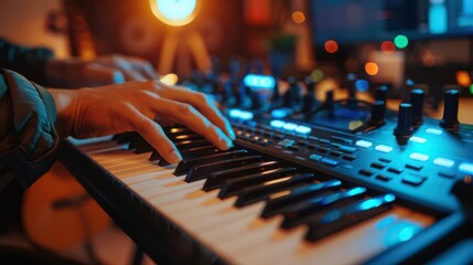 Musician with a keyboard, composing music in a home studio