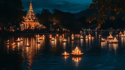 A peaceful scene of floating krathongs and reflections of illuminated temples during the Loy Krathong Festival