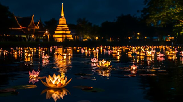 A peaceful scene of floating krathongs and reflections of illuminated temples during the Loy Krathong Festival