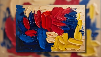 Modern art, cover design concept. Abstract colorful oil painting on canvas. Textured oil paint applied with brush and palette knife strokes.
