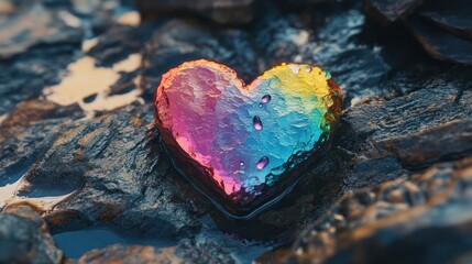Fototapeta premium Rainbow colored heart on a rocky surface with water droplets, symbolizing love and resilience in nature with vibrant hues and a close up perspective