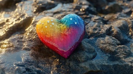 Fototapeta premium Rainbow colored heart on a rocky surface with water droplets, symbolizing love and resilience in nature with vibrant hues and a close up perspective
