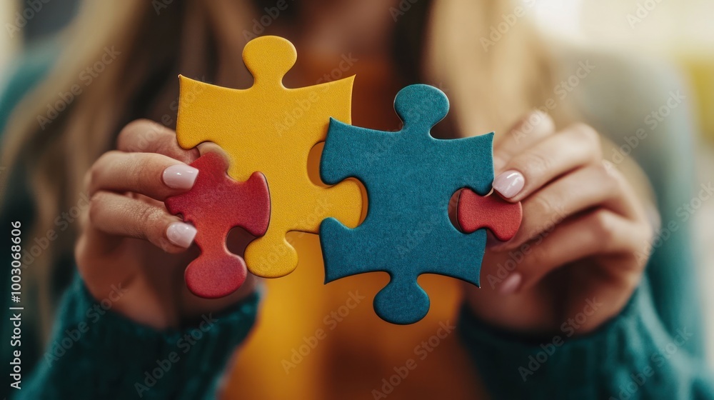 Poster a person holds colorful puzzle pieces, symbolizing connection and problem-solving.