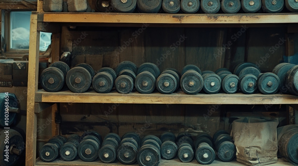 Poster a wooden shelf displaying various dumbbells in a rustic setting.