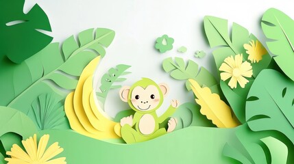 A playful green monkey surrounded by vibrant tropical leaves and flowers in a paper art style.