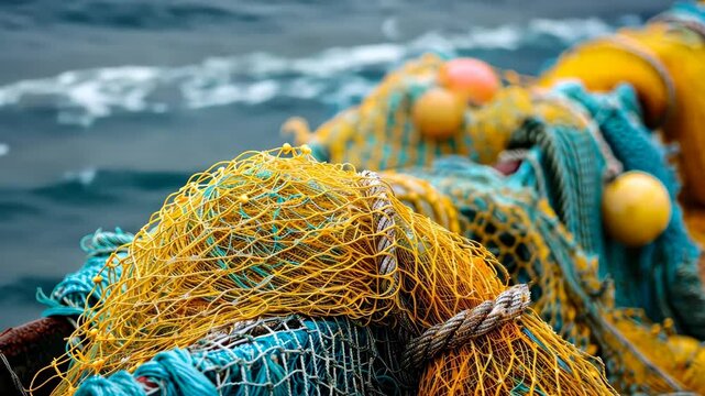 Yellow and blue fishing nets are piled up on a boat, with the ocean in the background