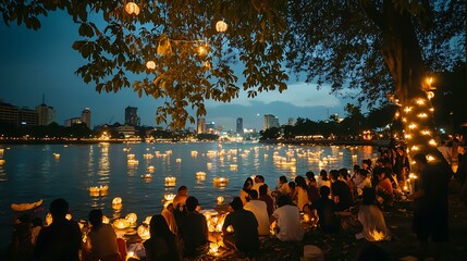 Tourists and locals alike gathering by the water to take part in the Loy Krathong Festival