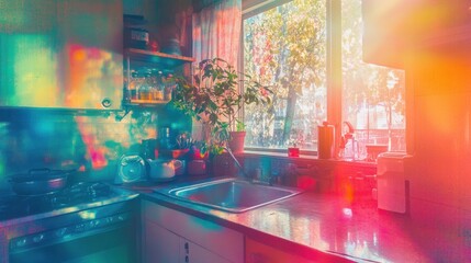 Obraz premium A vibrant kitchen scene illuminated by colorful light through a window, showcasing plants and utensils.