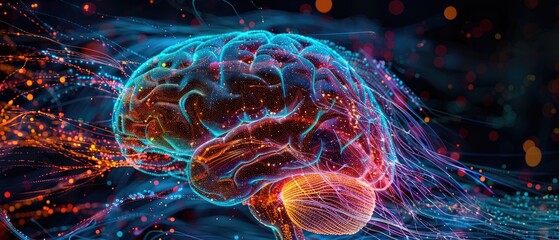 Abstract colorful brain with glowing neural pathways.