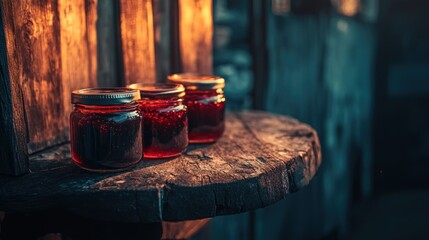 Three jars of jam sitting on a rustic wooden shelf, illuminated by warm light.