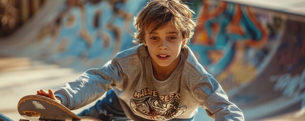 Teenager with a skateboard, performing tricks at a skatepark