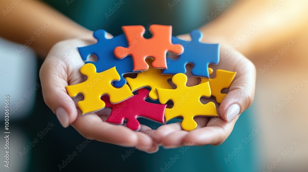 Poster hands holding colorful puzzle pieces, symbolizing problem-solving and collaboration.