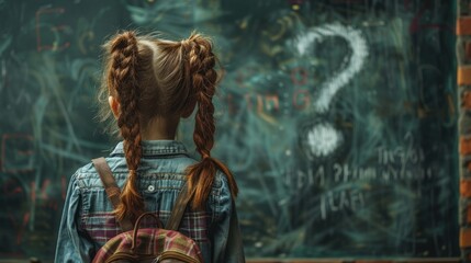 A young girl with braided hair stands before a chalkboard covered in complex equations, pondering a question mark, immersed in curiosity during class