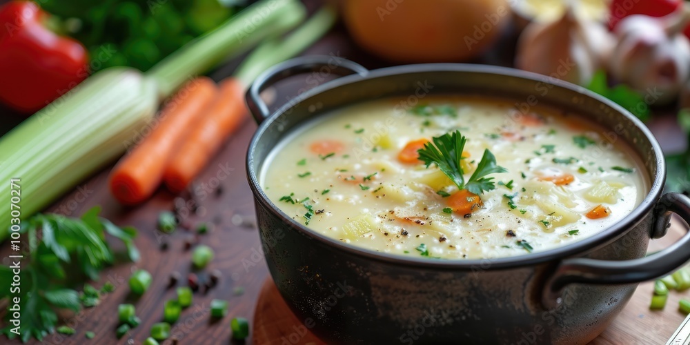 Aufkleber smooth celery soup puree recipe with mixed vegetables in a saucepan displayed on a kitchen counter.