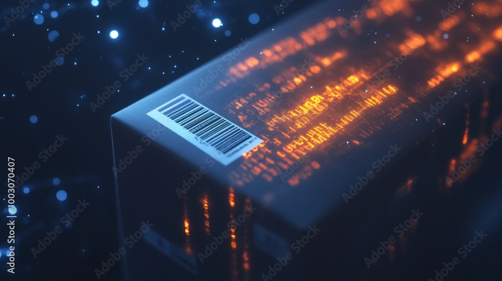 Poster a digital representation of a package with glowing data streams and a barcode.